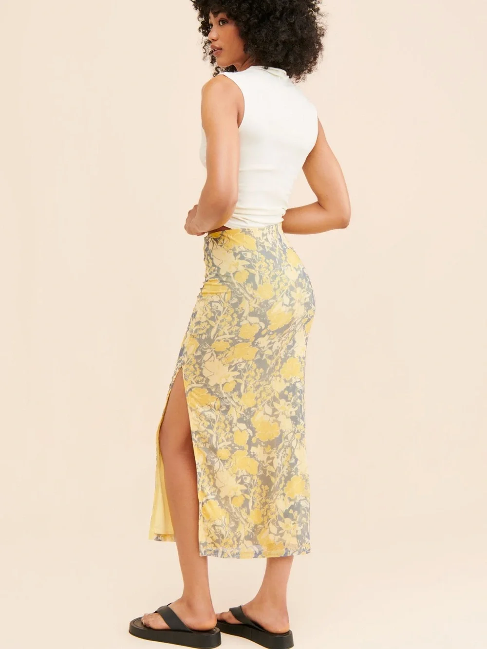Free People Rosalie Yellow and Gray Floral Mesh Midi Pencil Skirt with Side Slit